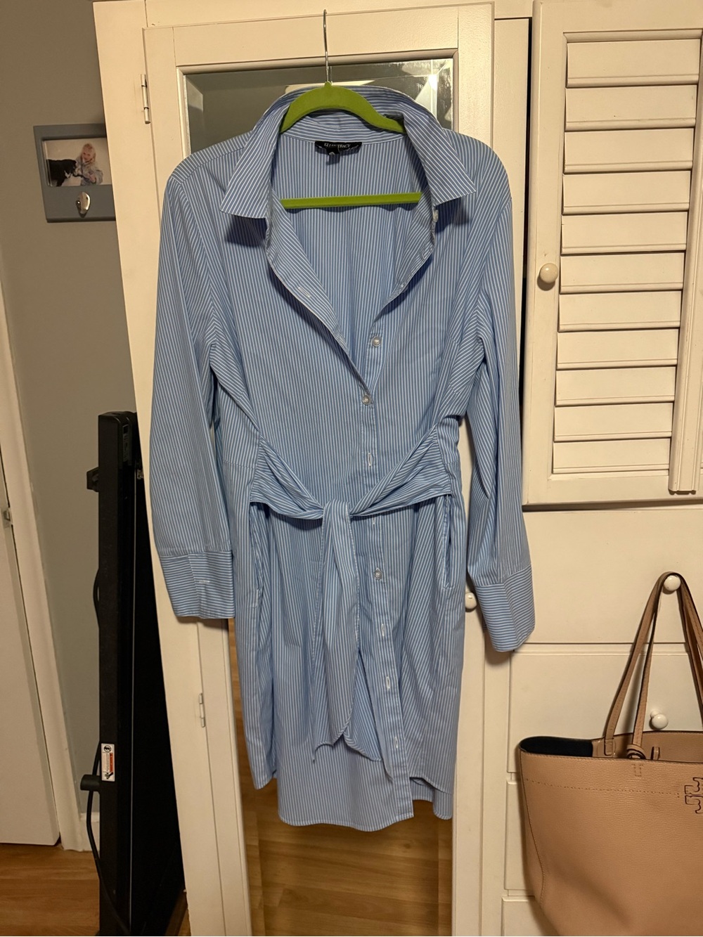 Ellen Tracy Light Blue Pinstripe Long Sleeve Shirt Dress